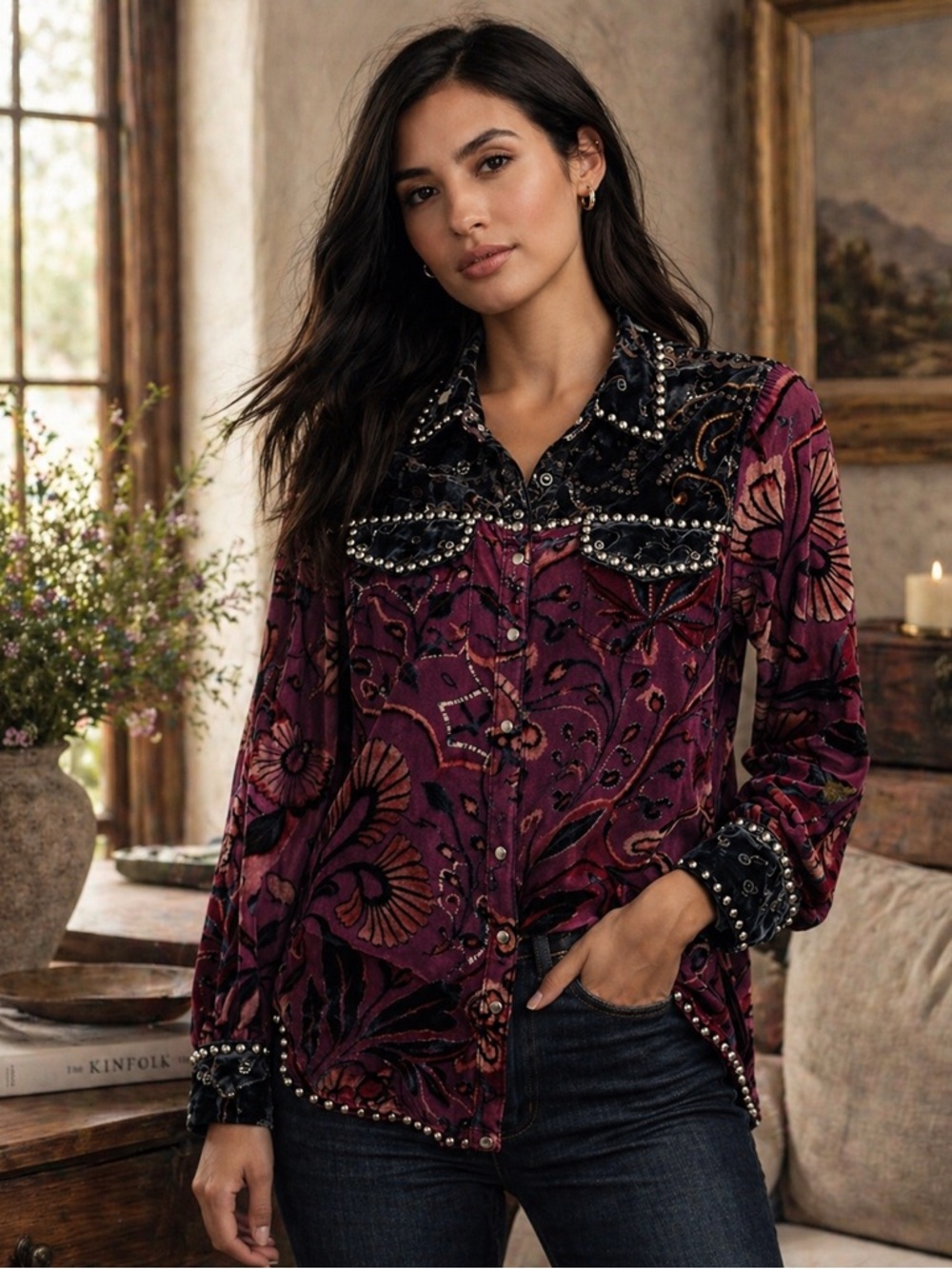 Ciello Velvet Burnout Studded Blouse Purple M Dark Romantic Whimsigoth Western